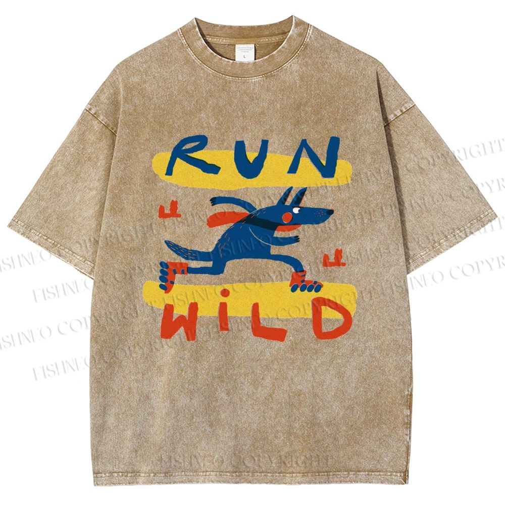 Unisex Run Wild Cartoon Wolf Printed Washed Tee