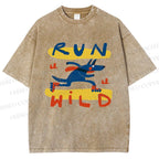Unisex Run Wild Cartoon Wolf Printed Washed Tee