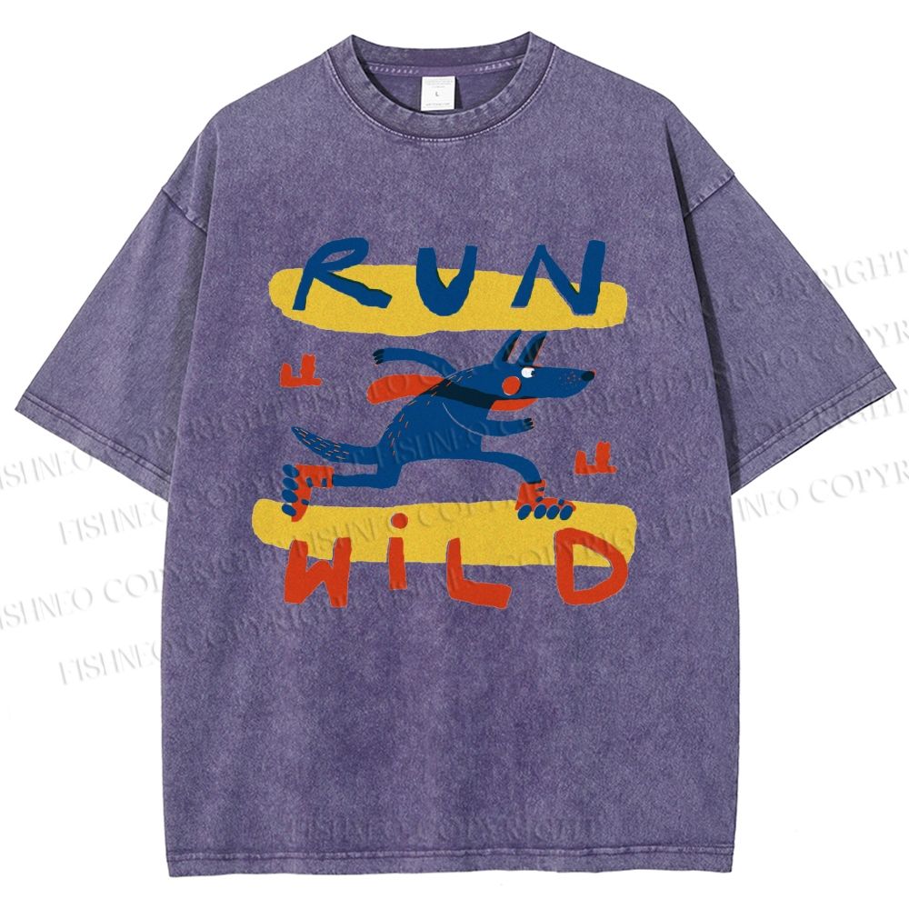 Unisex Run Wild Cartoon Wolf Printed Washed Tee