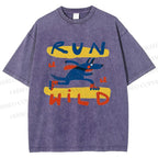 Unisex Run Wild Cartoon Wolf Printed Washed Tee