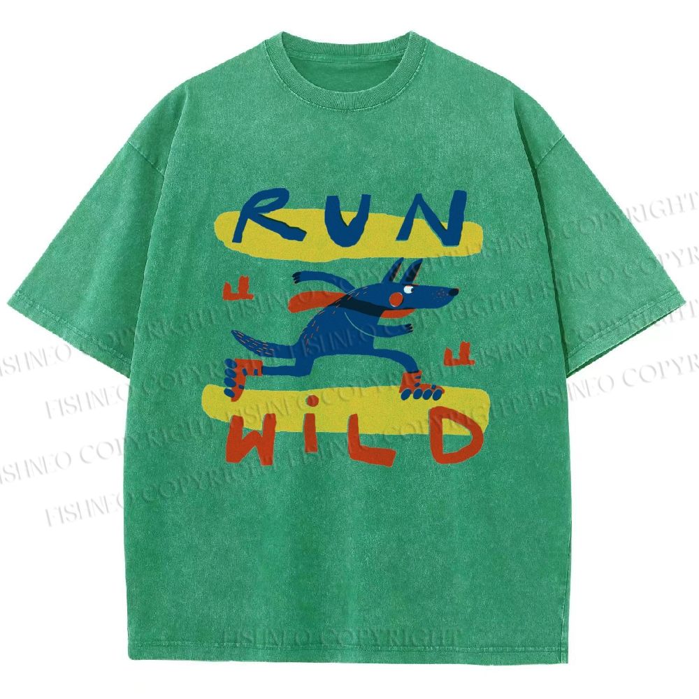 Unisex Run Wild Cartoon Wolf Printed Washed Tee
