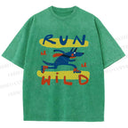 Unisex Run Wild Cartoon Wolf Printed Washed Tee