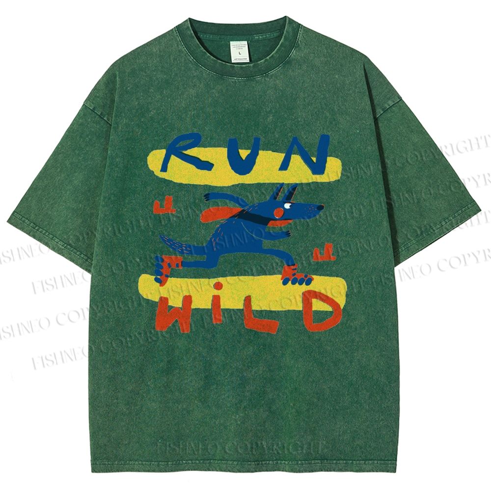 Unisex Run Wild Cartoon Wolf Printed Washed Tee