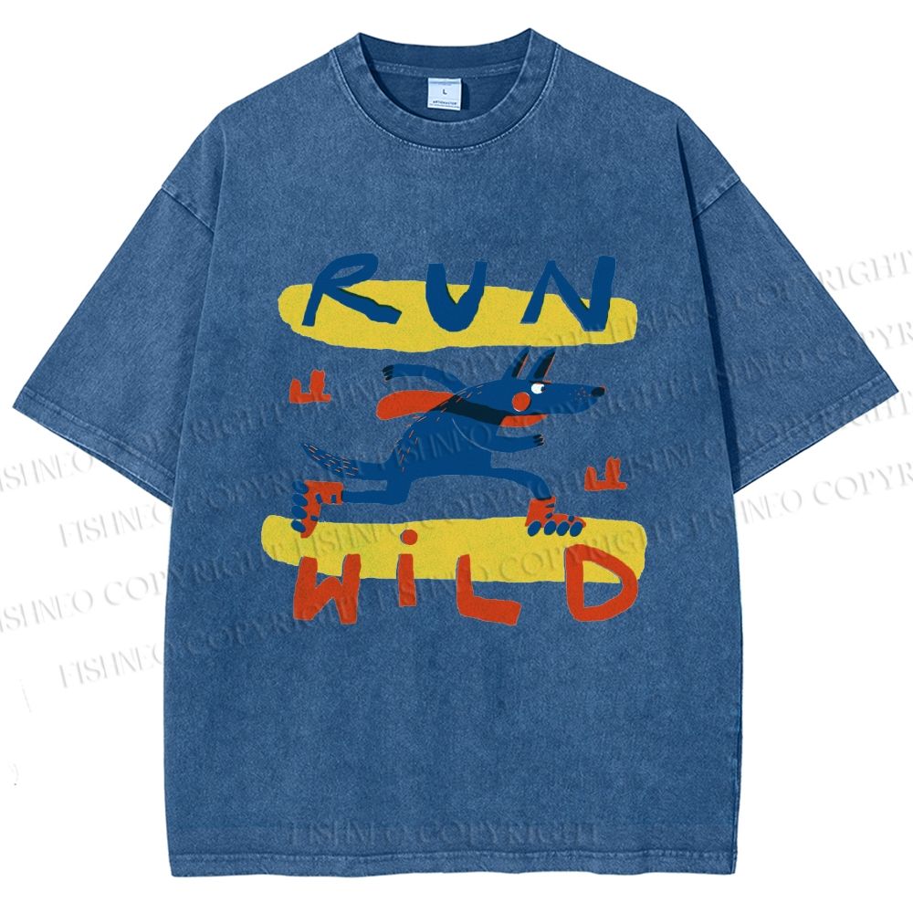Unisex Run Wild Cartoon Wolf Printed Washed Tee