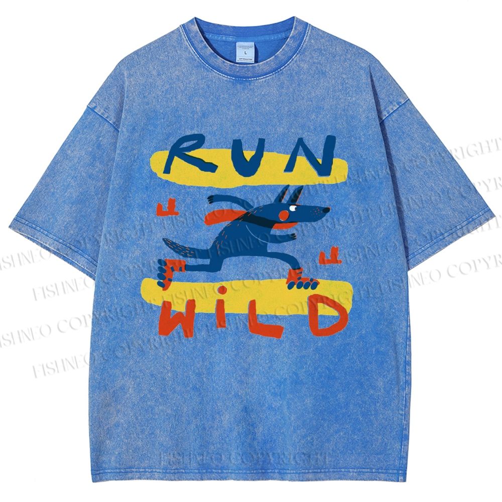 Unisex Run Wild Cartoon Wolf Printed Washed Tee