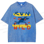 Unisex Run Wild Cartoon Wolf Printed Washed Tee