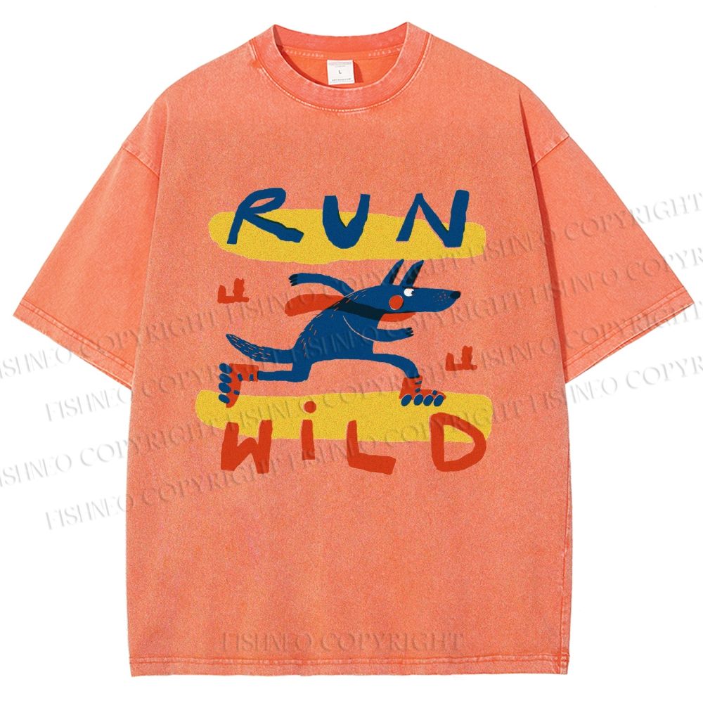 Unisex Run Wild Cartoon Wolf Printed Washed Tee