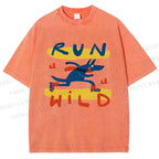 Unisex Run Wild Cartoon Wolf Printed Washed Tee