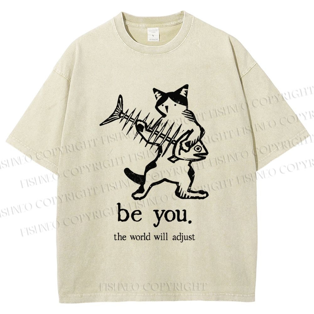 Unisex Be Yourself Fishbone Cat Printed Washed Tee