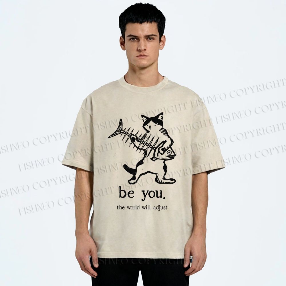 Unisex Be Yourself Fishbone Cat Printed Washed Tee