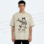 Unisex Be Yourself Fishbone Cat Printed Washed Tee