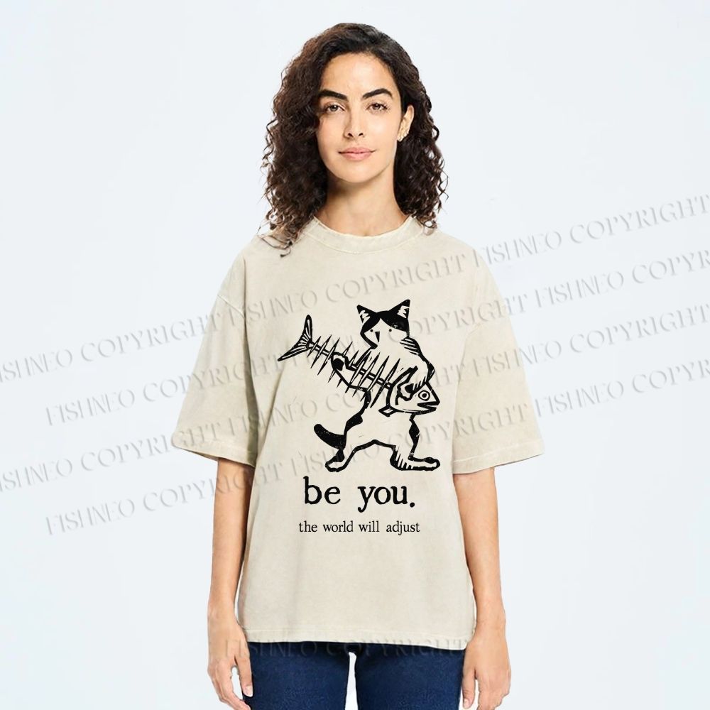 Unisex Be Yourself Fishbone Cat Printed Washed Tee