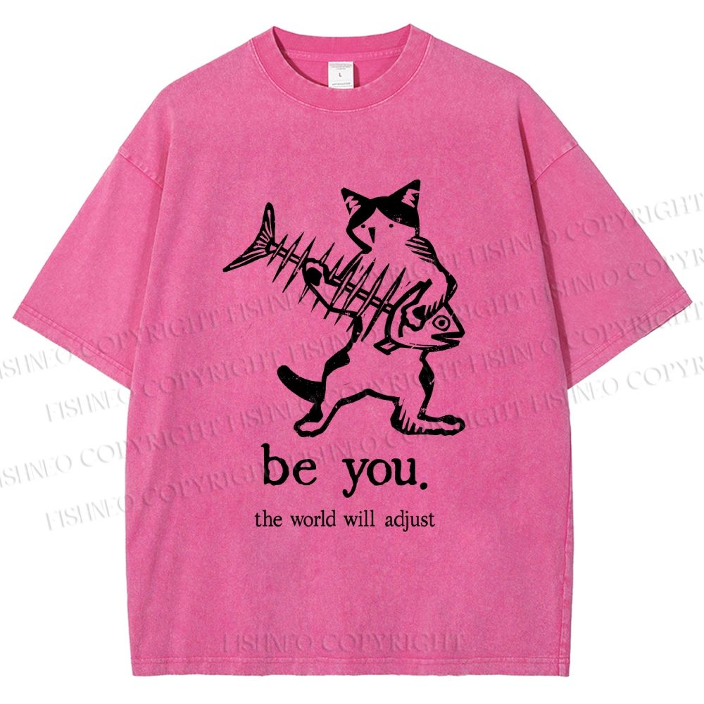 Unisex Be Yourself Fishbone Cat Printed Washed Tee