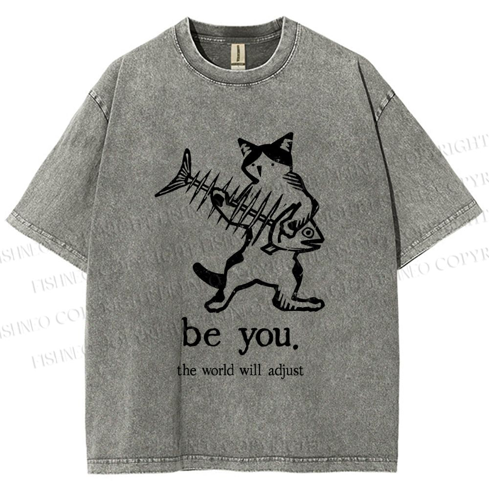 Unisex Be Yourself Fishbone Cat Printed Washed Tee