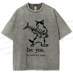 Unisex Be Yourself Fishbone Cat Printed Washed Tee
