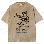 Unisex Be Yourself Fishbone Cat Printed Washed Tee