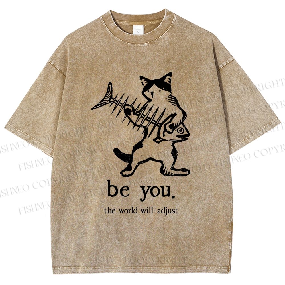 Unisex Be Yourself Fishbone Cat Printed Washed Tee