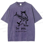 Unisex Be Yourself Fishbone Cat Printed Washed Tee