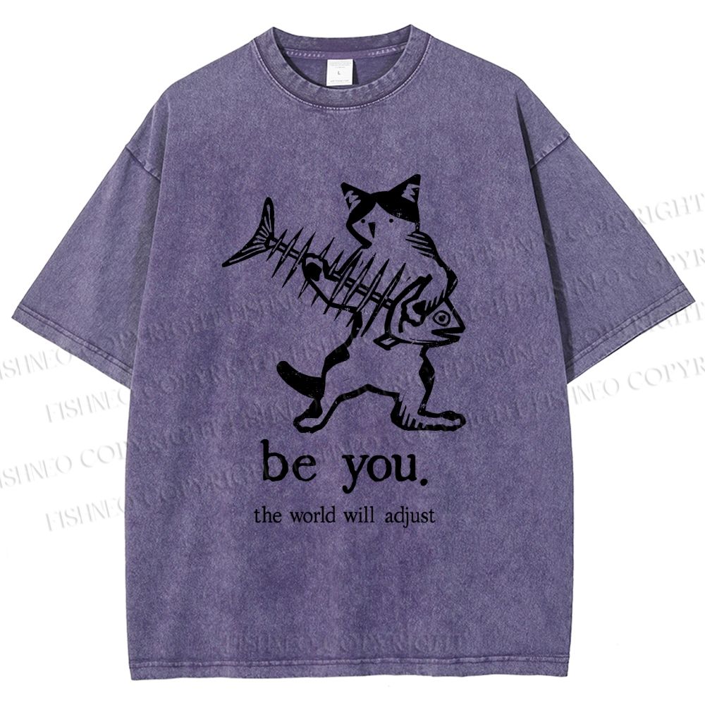 Unisex Be Yourself Fishbone Cat Printed Washed Tee