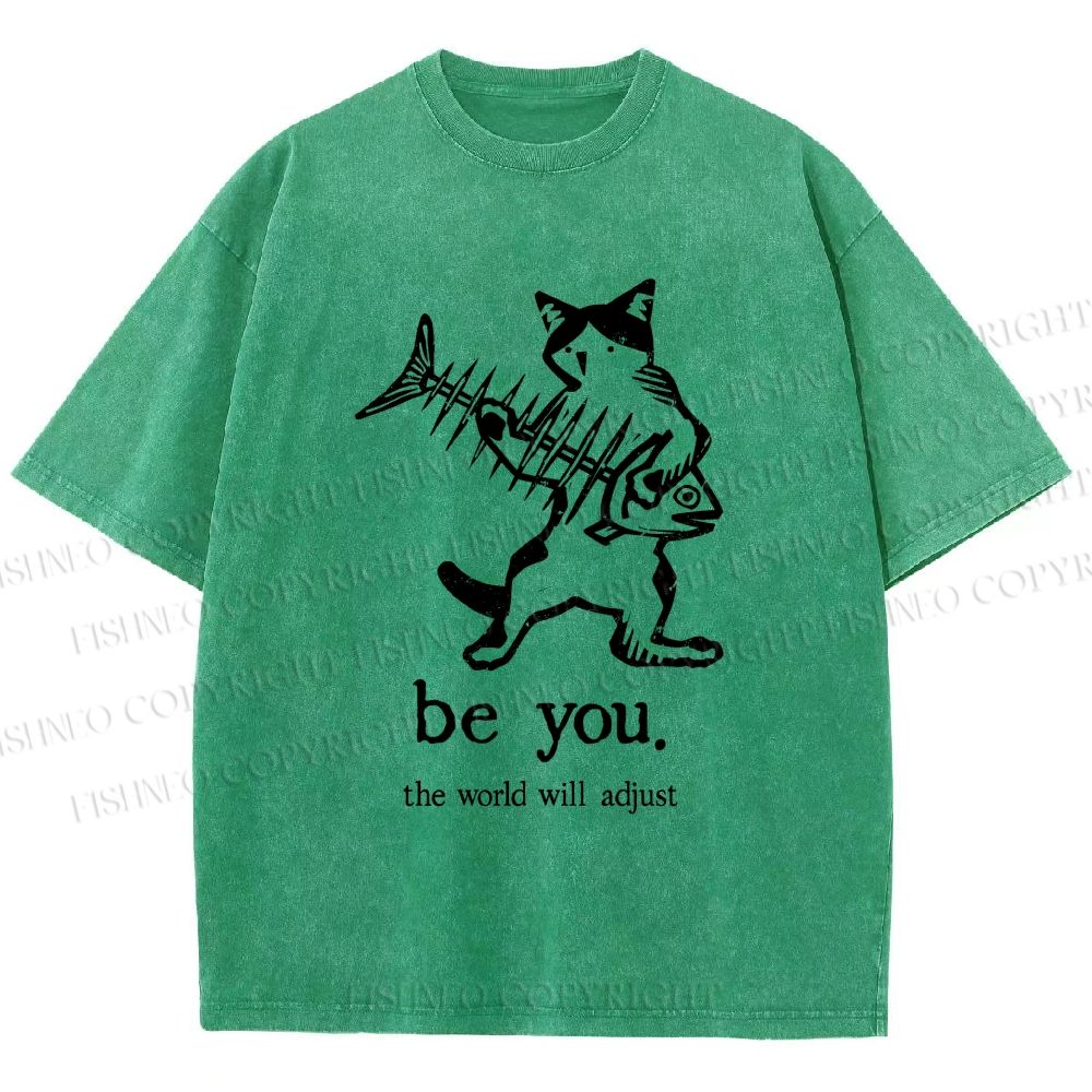Unisex Be Yourself Fishbone Cat Printed Washed Tee
