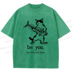 Unisex Be Yourself Fishbone Cat Printed Washed Tee