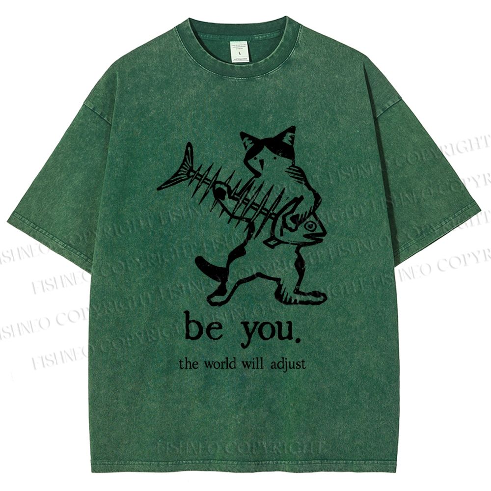 Unisex Be Yourself Fishbone Cat Printed Washed Tee
