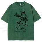 Unisex Be Yourself Fishbone Cat Printed Washed Tee