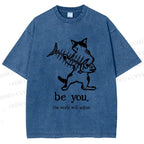 Unisex Be Yourself Fishbone Cat Printed Washed Tee