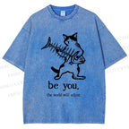 Unisex Be Yourself Fishbone Cat Printed Washed Tee