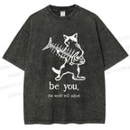 Unisex Be Yourself Fishbone Cat Printed Washed Tee