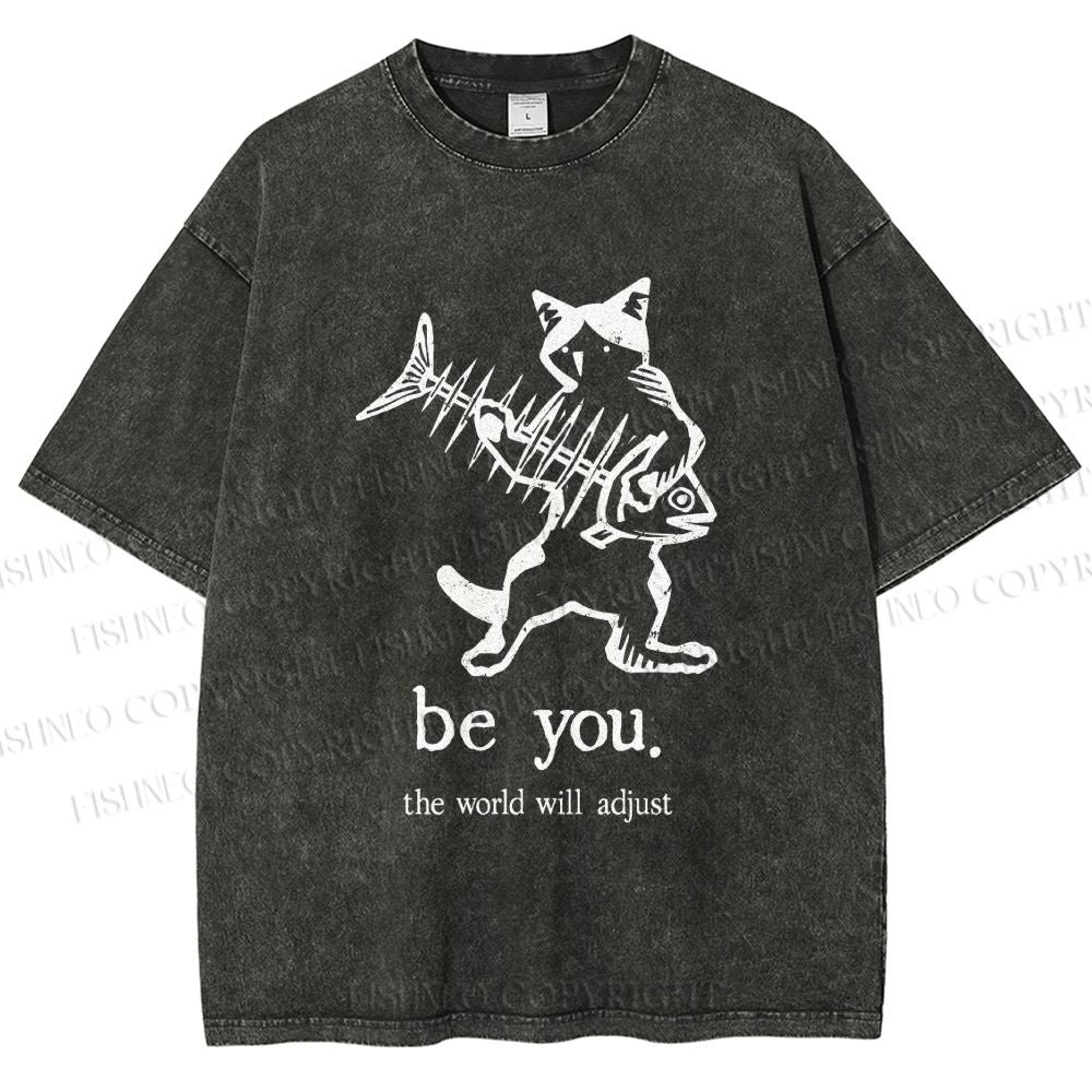 Unisex Be Yourself Fishbone Cat Printed Washed Tee