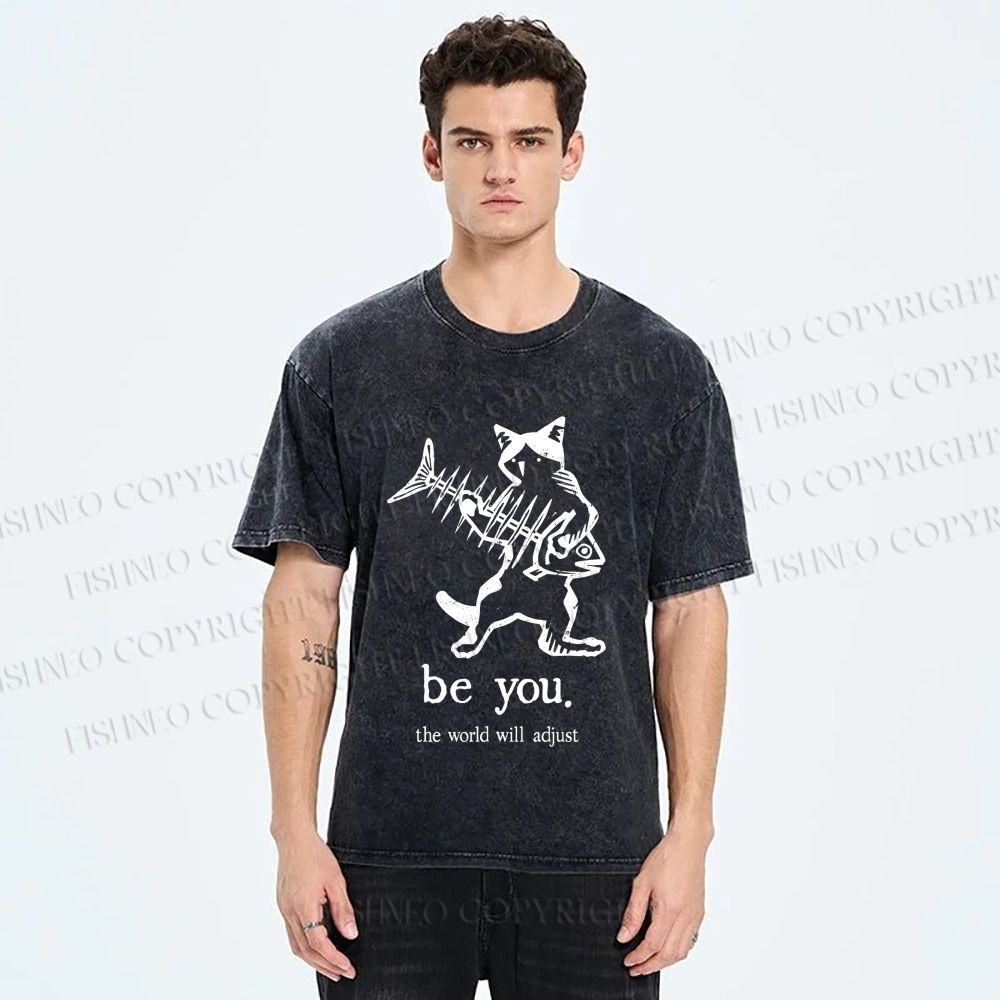 Unisex Be Yourself Fishbone Cat Printed Washed Tee