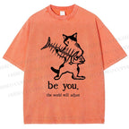 Unisex Be Yourself Fishbone Cat Printed Washed Tee