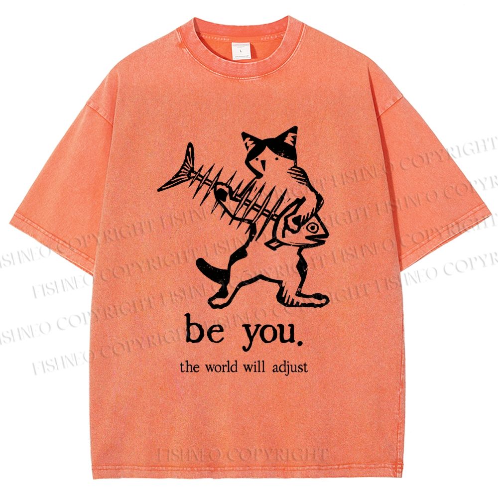 Unisex Be Yourself Fishbone Cat Printed Washed Tee