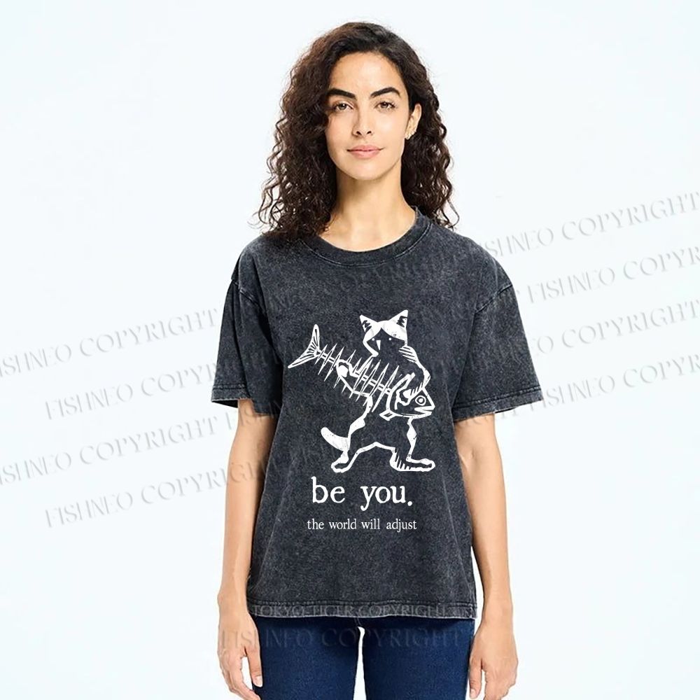 Unisex Be Yourself Fishbone Cat Printed Washed Tee