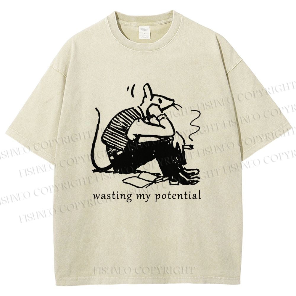 Unisex Wasting My Potential Rat Printed Washed Tee