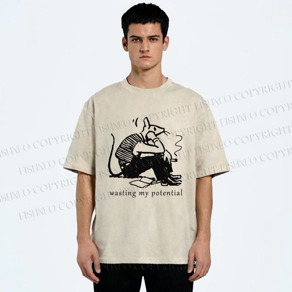 Unisex Wasting My Potential Rat Printed Washed Tee