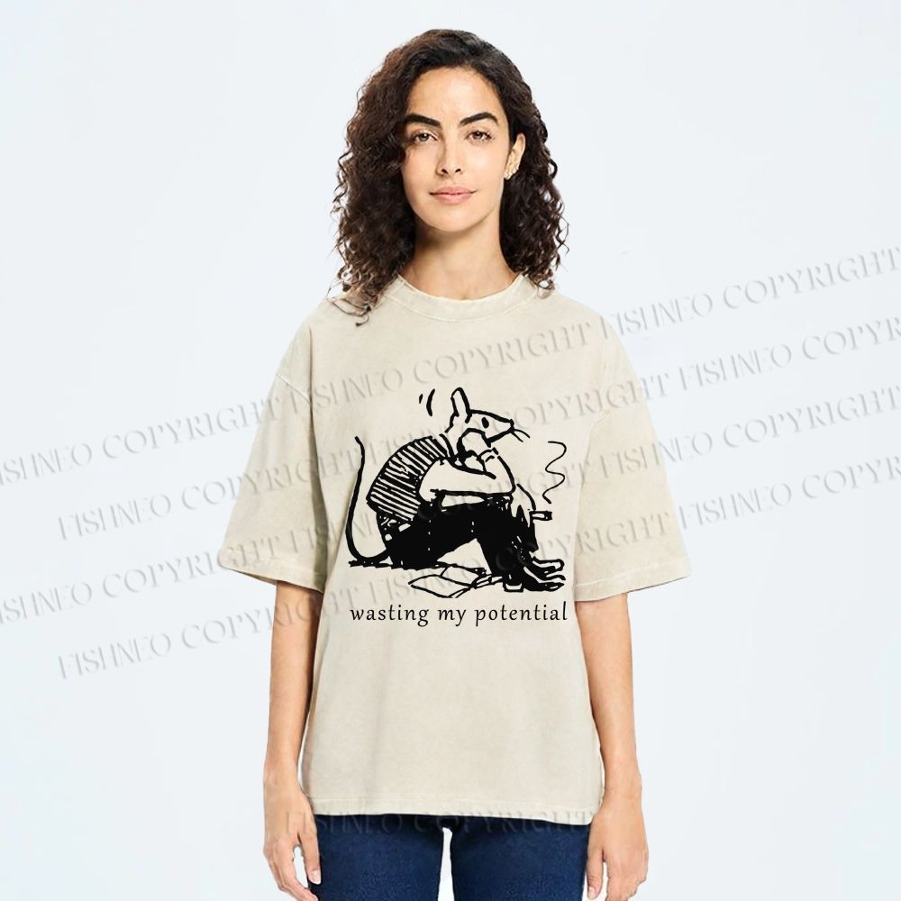 Unisex Wasting My Potential Rat Printed Washed Tee