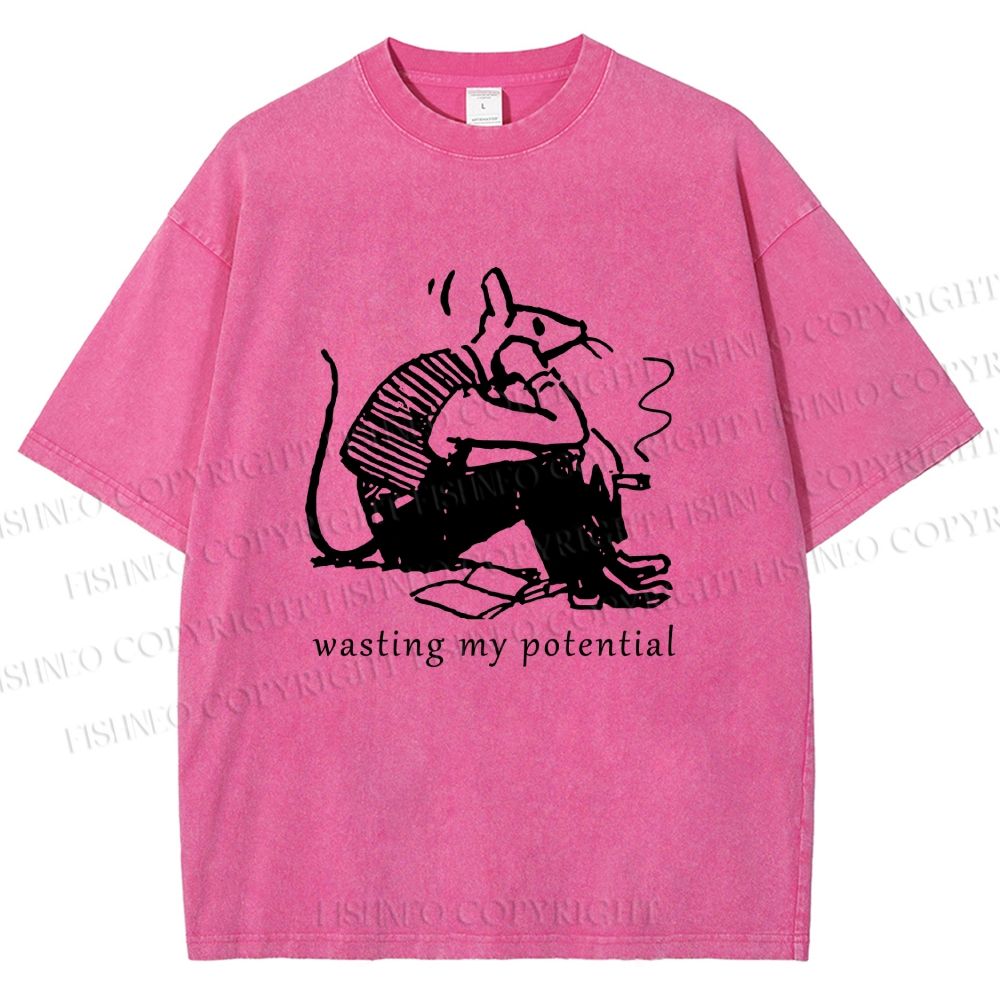 Unisex Wasting My Potential Rat Printed Washed Tee