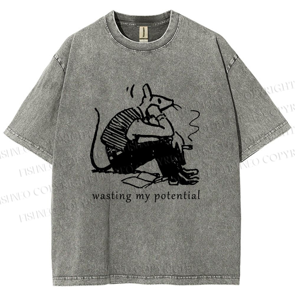 Unisex Wasting My Potential Rat Printed Washed Tee