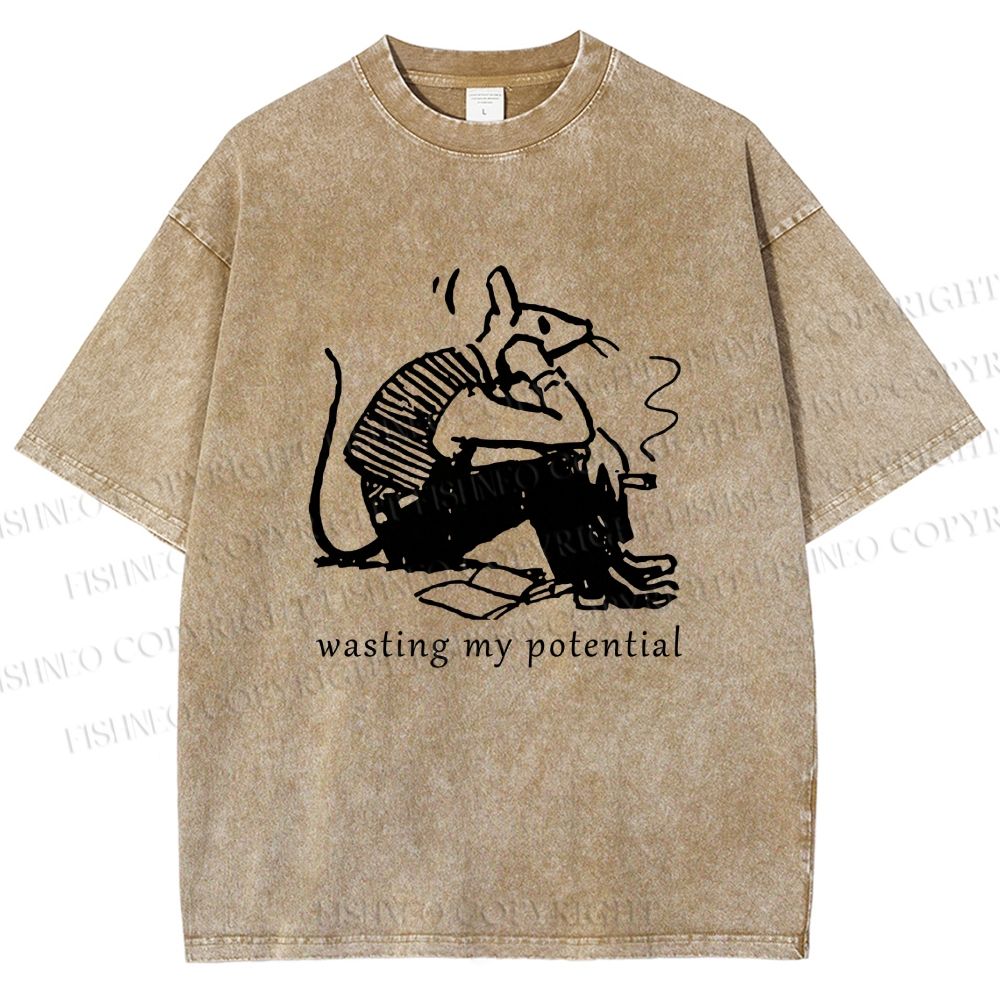Unisex Wasting My Potential Rat Printed Washed Tee