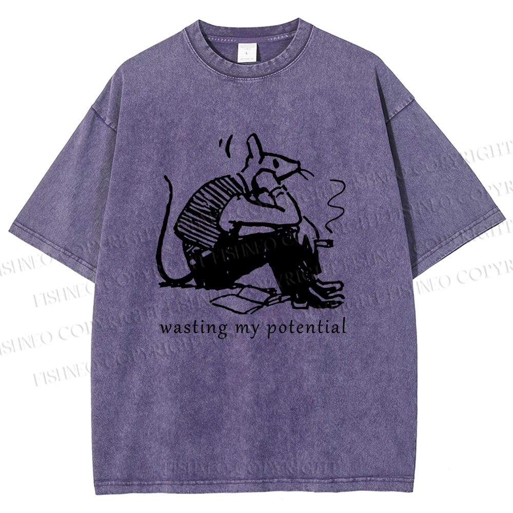 Unisex Wasting My Potential Rat Printed Washed Tee