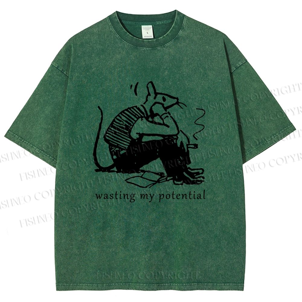 Unisex Wasting My Potential Rat Printed Washed Tee