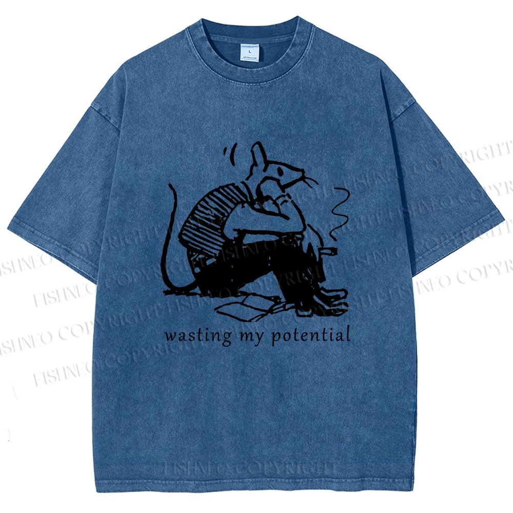 Unisex Wasting My Potential Rat Printed Washed Tee