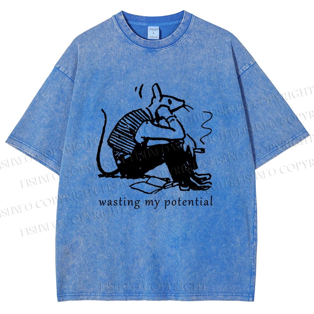 Unisex Wasting My Potential Rat Printed Washed Tee