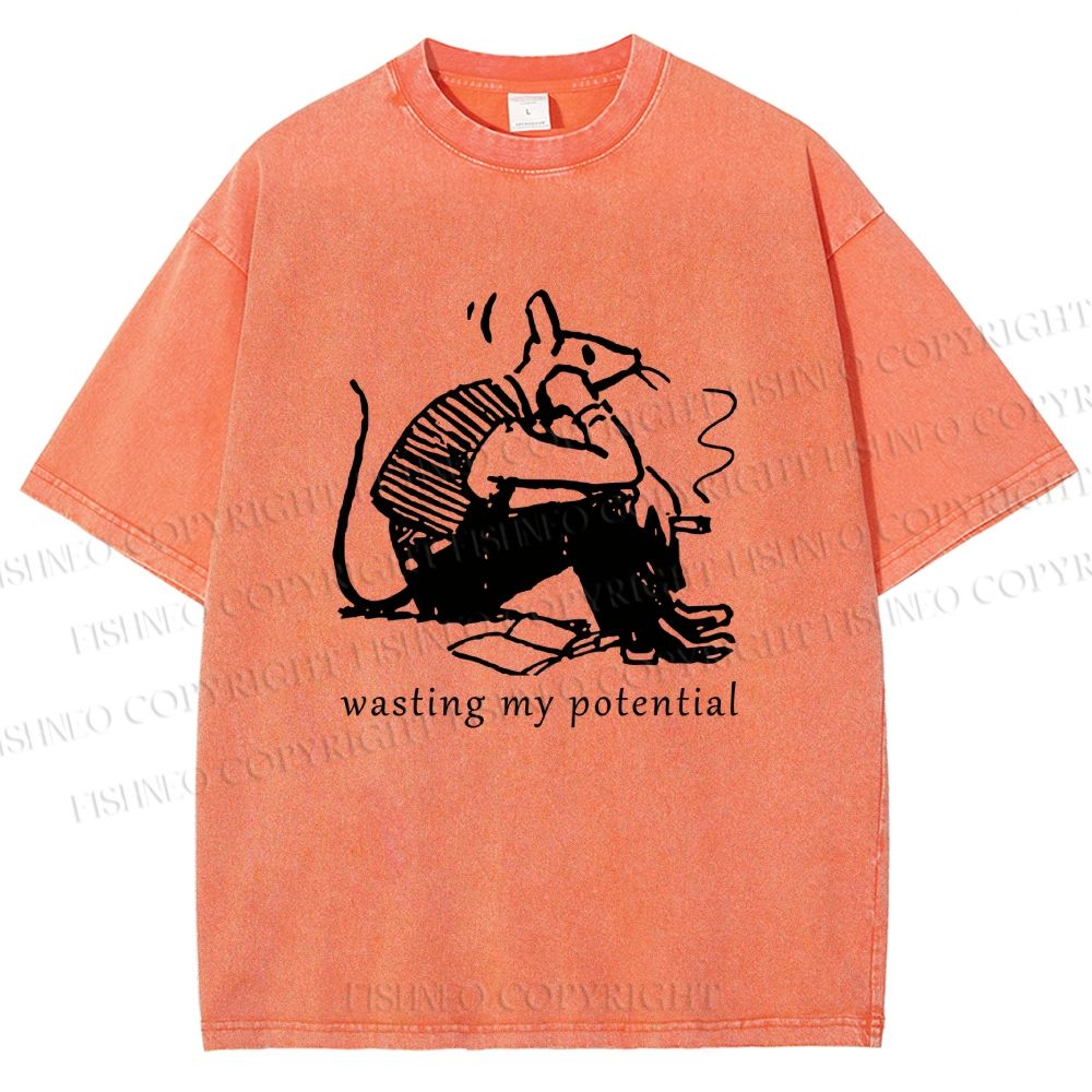 Unisex Wasting My Potential Rat Printed Washed Tee