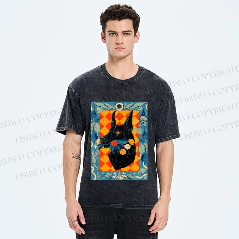 Unisex Tarot Doberman Floral Art Printed Washed Tee