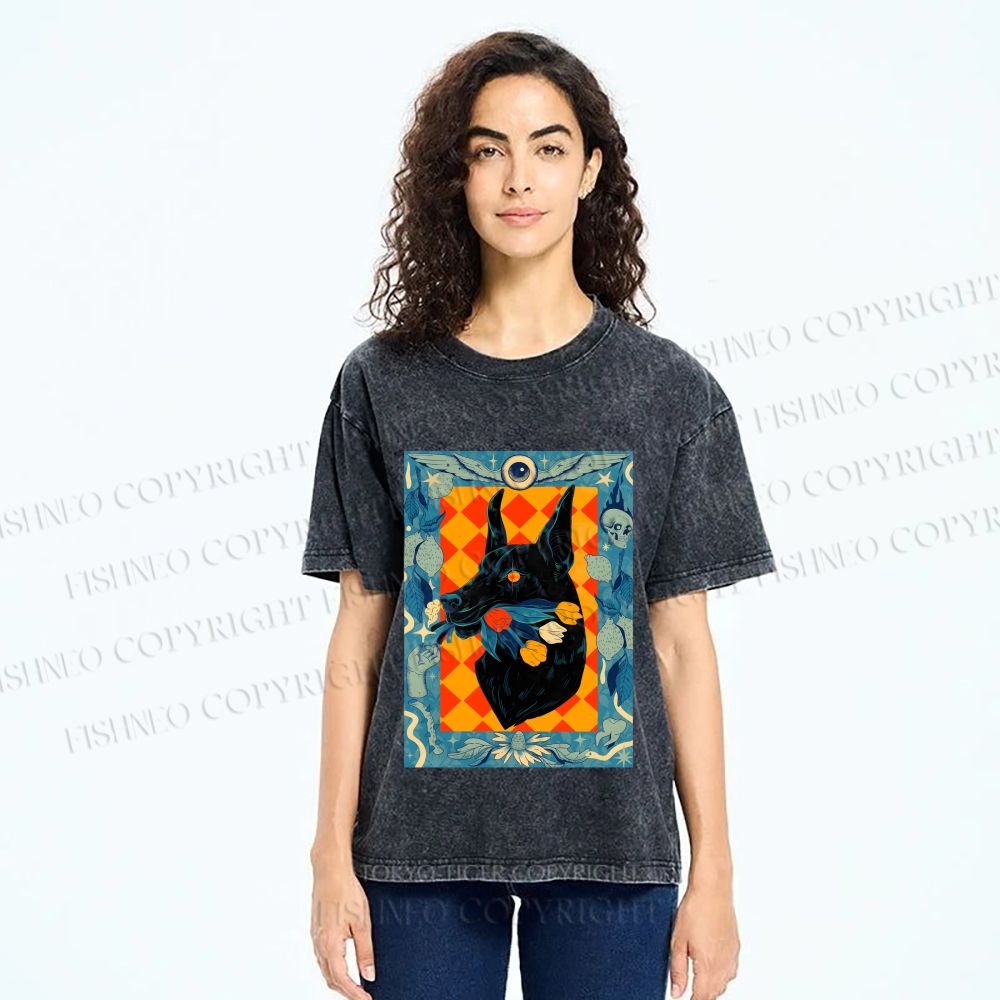 Unisex Tarot Doberman Floral Art Printed Washed Tee