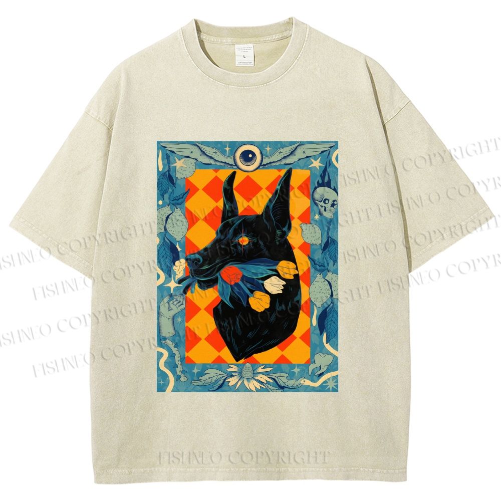 Unisex Tarot Doberman Floral Art Printed Washed Tee