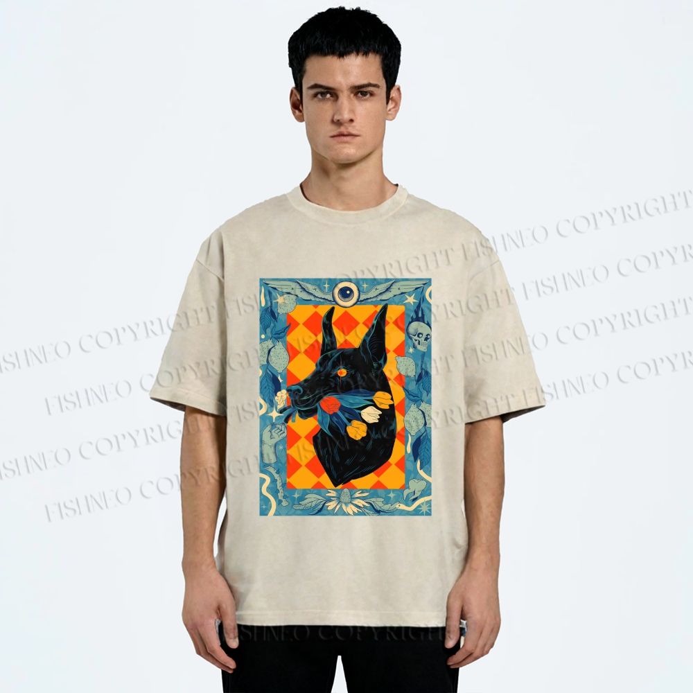 Unisex Tarot Doberman Floral Art Printed Washed Tee